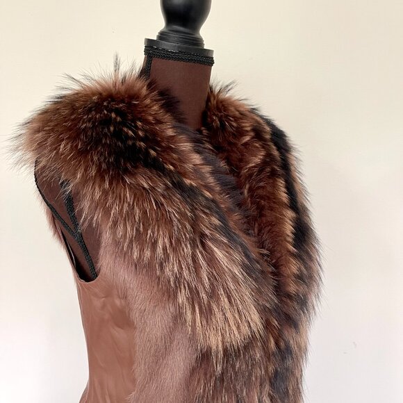 NWOT Tan Brown Leather Vest Real Fox Fur XS size - Picture 1 of 16